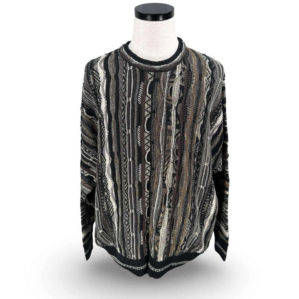 Vintage Lorenzo Mens XL 3D Knit Sweater Cosby Biggie Gray Brown Black Textured